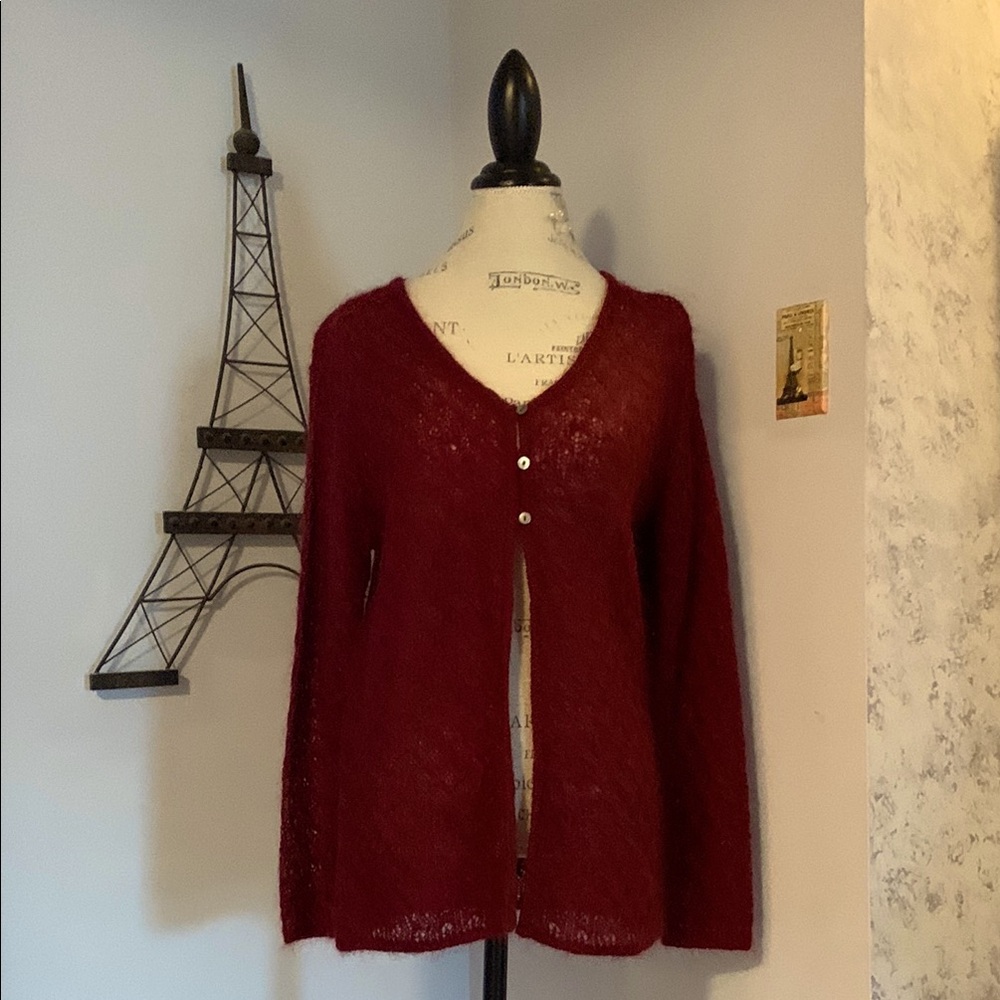 Maroon V-Neck Cardigan Sweater.